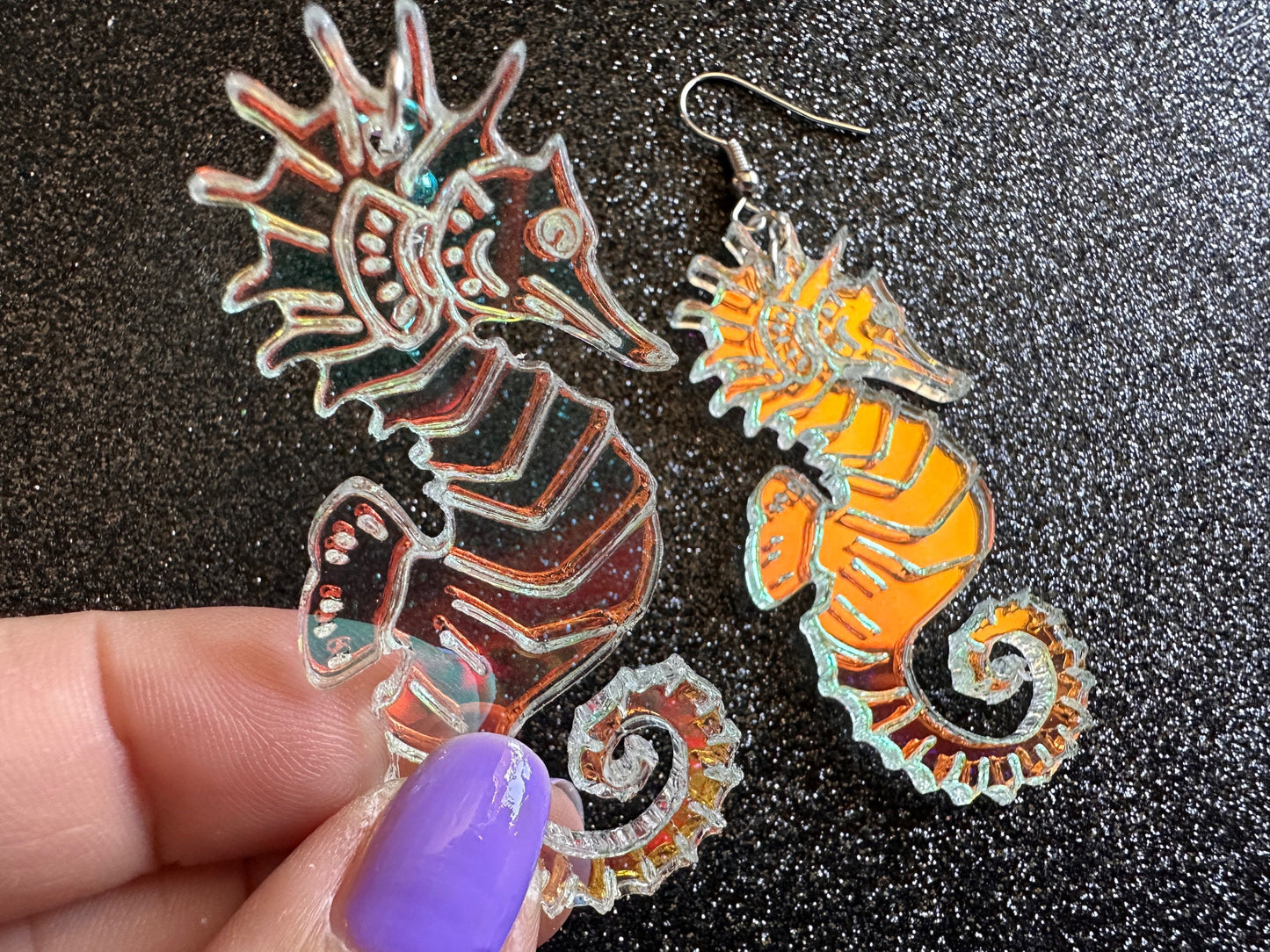 Iridescent Seahorse Earrings: Laser Cut Acrylic Seahorses, Sea Creatures, Ocean Animals, Aquarium Fish, Tropical, Gifts for Her/Him/Them