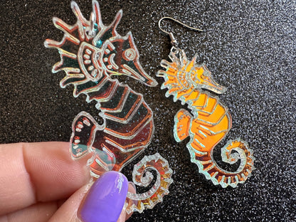 Iridescent Seahorse Earrings: Laser Cut Acrylic Seahorses, Sea Creatures, Ocean Animals, Aquarium Fish, Tropical, Gifts for Her/Him/Them