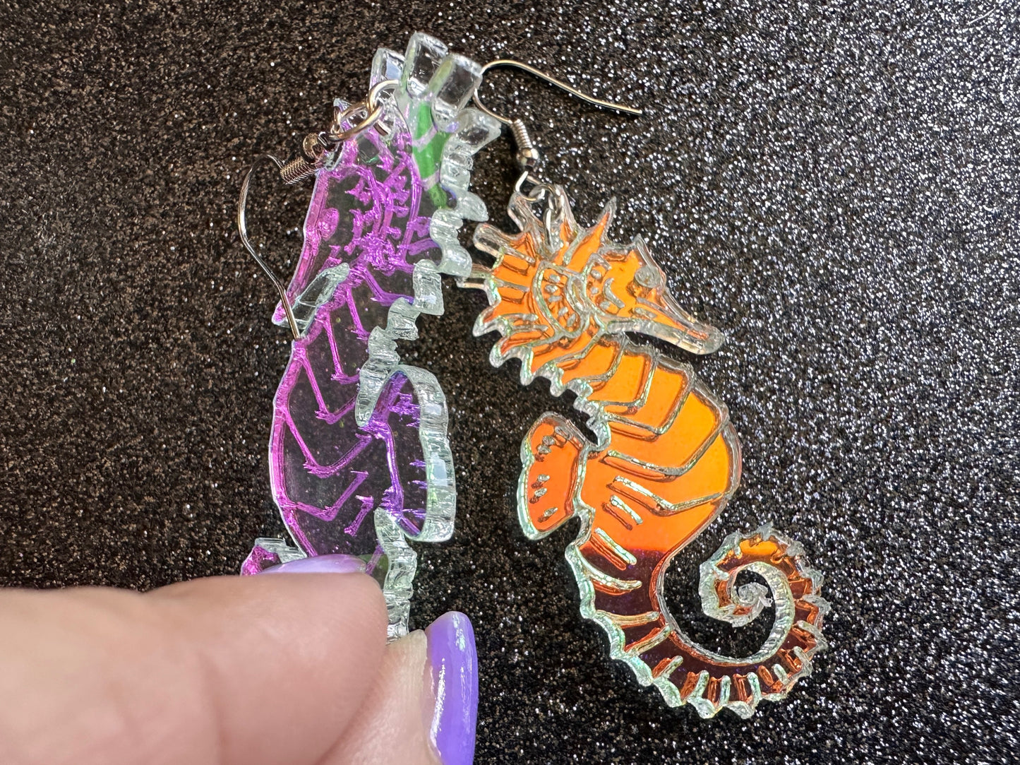 Iridescent Seahorse Earrings: Laser Cut Acrylic Seahorses, Sea Creatures, Ocean Animals, Aquarium Fish, Tropical, Gifts for Her/Him/Them