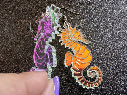 Iridescent Seahorse Earrings: Laser Cut Acrylic Seahorses, Sea Creatures, Ocean Animals, Aquarium Fish, Tropical, Gifts for Her/Him/Them
