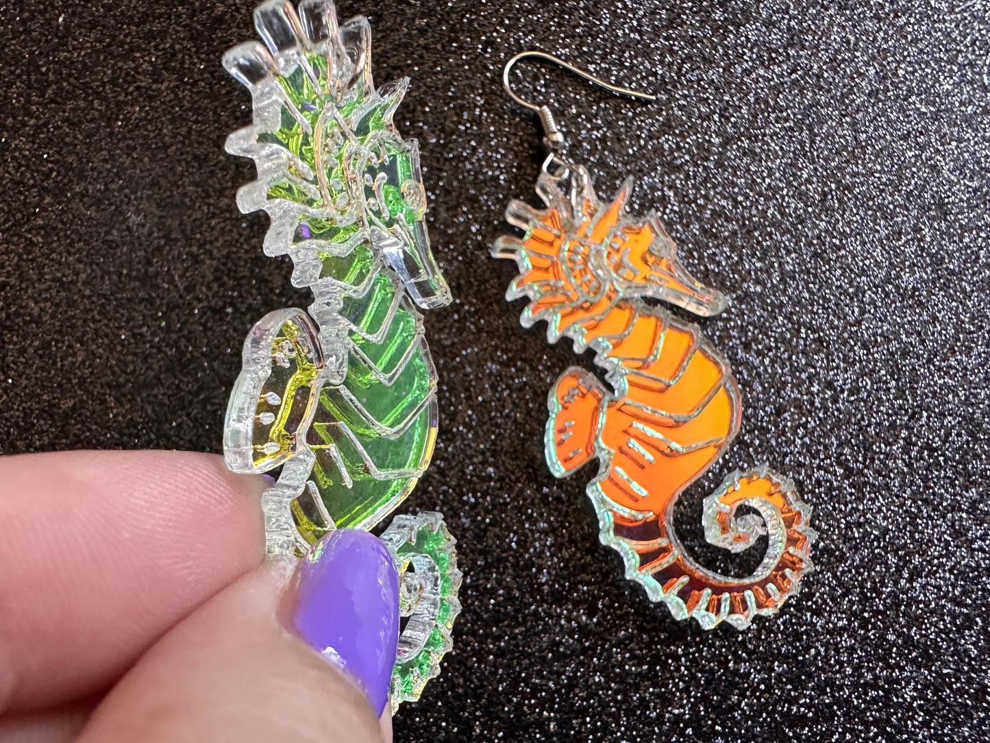 Iridescent Seahorse Earrings: Laser Cut Acrylic Seahorses, Sea Creatures, Ocean Animals, Aquarium Fish, Tropical, Gifts for Her/Him/Them