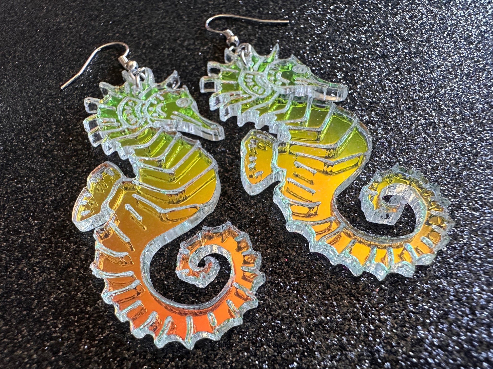 Iridescent Seahorse Earrings: Laser Cut Acrylic Seahorses, Sea Creatures, Ocean Animals, Aquarium Fish, Tropical, Gifts for Her/Him/Them