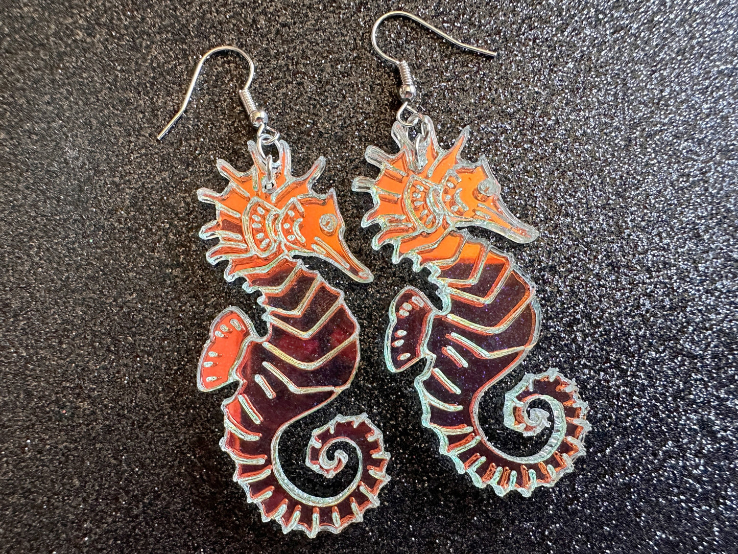 Iridescent Seahorse Earrings: Laser Cut Acrylic Seahorses, Sea Creatures, Ocean Animals, Aquarium Fish, Tropical, Gifts for Her/Him/Them