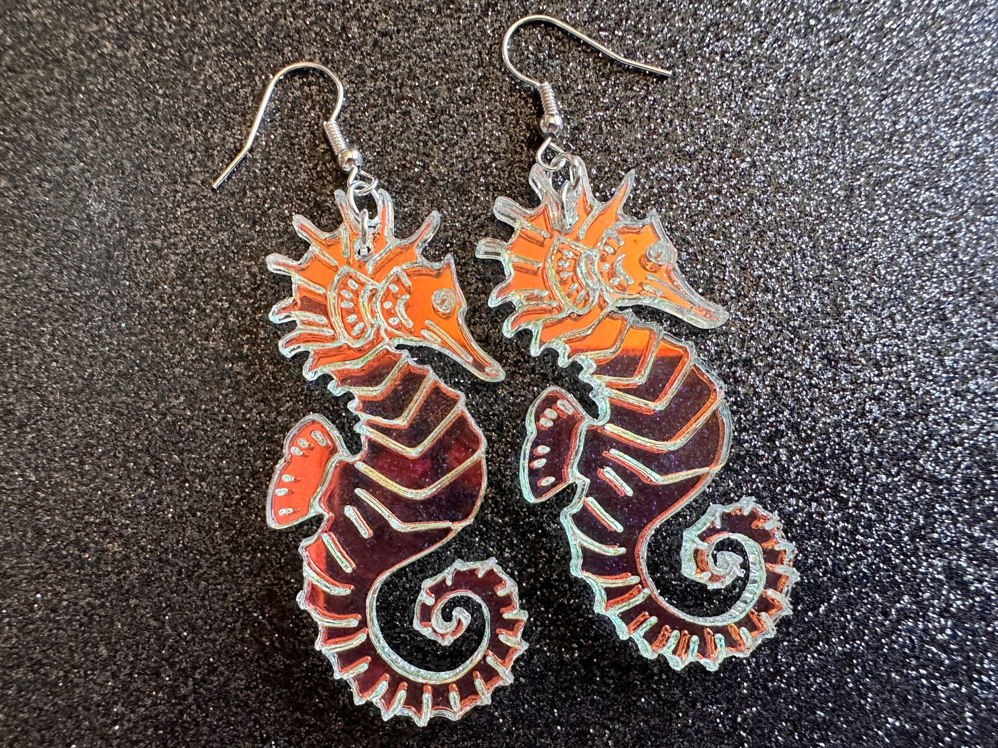 Iridescent Seahorse Earrings: Laser Cut Acrylic Seahorses, Sea Creatures, Ocean Animals, Aquarium Fish, Tropical, Gifts for Her/Him/Them