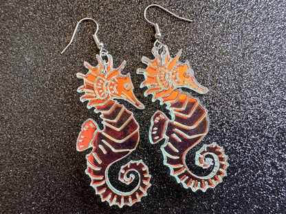Iridescent Seahorse Earrings: Laser Cut Acrylic Seahorses, Sea Creatures, Ocean Animals, Aquarium Fish, Tropical, Gifts for Her/Him/Them