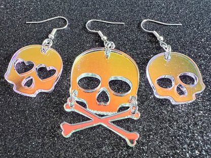 Iridescent Skull Earrings with Heart: Laser Cut Acrylic Skulls, Halloween, Cross Bones, Psychedelic, Gifts for Her/Him/Them