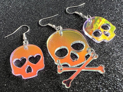 Iridescent Skull Earrings with Heart: Laser Cut Acrylic Skulls, Halloween, Cross Bones, Psychedelic, Gifts for Her/Him/Them