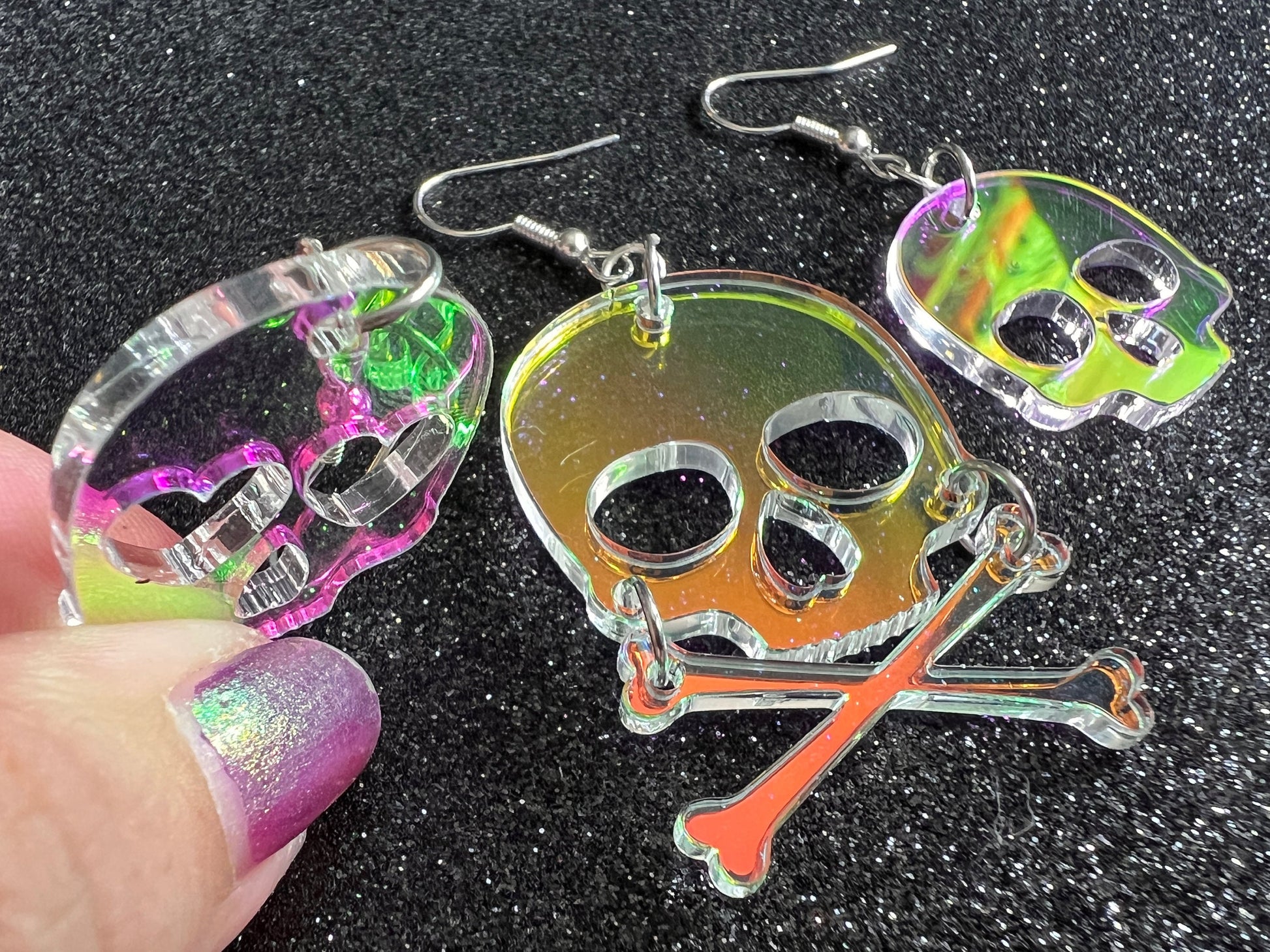 Iridescent Skull Earrings with Heart: Laser Cut Acrylic Skulls, Halloween, Cross Bones, Psychedelic, Gifts for Her/Him/Them