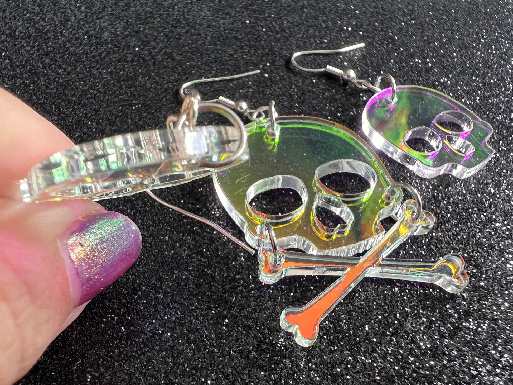 Iridescent Skull Earrings with Heart: Laser Cut Acrylic Skulls, Halloween, Cross Bones, Psychedelic, Gifts for Her/Him/Them