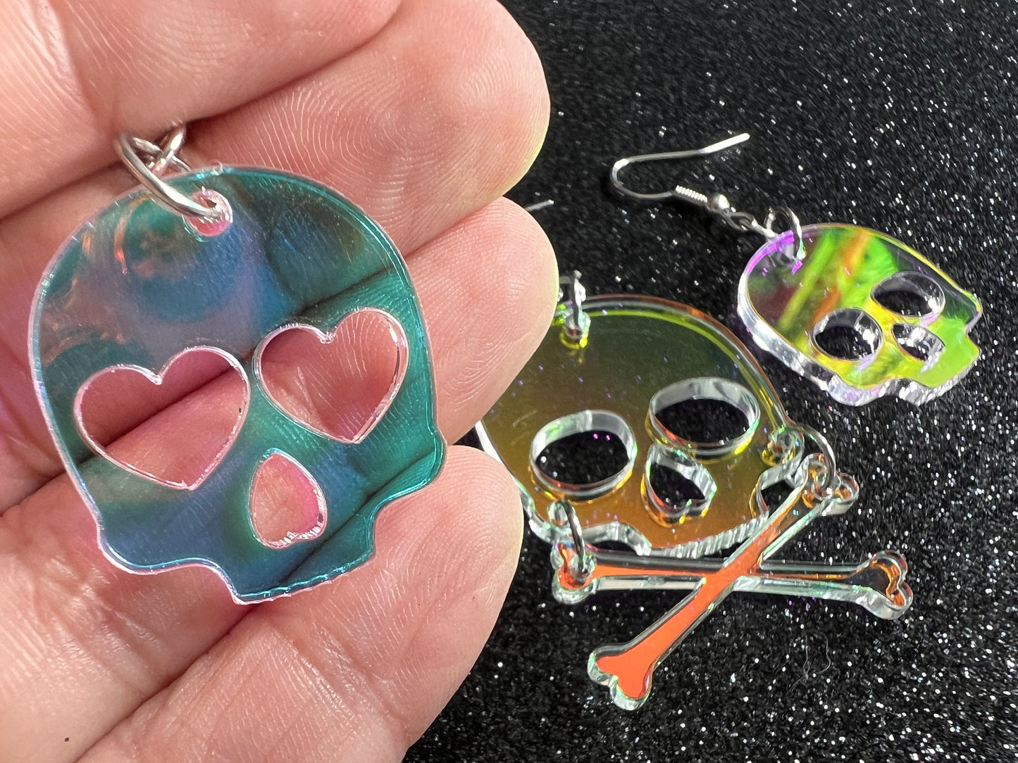 Iridescent Skull Earrings with Heart: Laser Cut Acrylic Skulls, Halloween, Cross Bones, Psychedelic, Gifts for Her/Him/Them