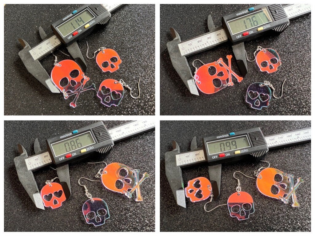 Iridescent Skull Earrings with Heart: Laser Cut Acrylic Skulls, Halloween, Cross Bones, Psychedelic, Gifts for Her/Him/Them