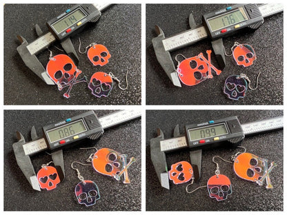 Iridescent Skull Earrings with Heart: Laser Cut Acrylic Skulls, Halloween, Cross Bones, Psychedelic, Gifts for Her/Him/Them