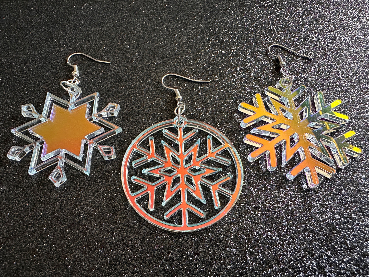 Iridescent Snowflake Earrings: Laser Cut Acrylic Snowflakes, Stormy Weather, Snowing, Snow Storm, Winter, Gifts for Her/Him/Them