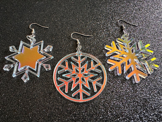 Iridescent Snowflake Earrings: Laser Cut Acrylic Snowflakes, Stormy Weather, Snowing, Snow Storm, Winter, Gifts for Her/Him/Them