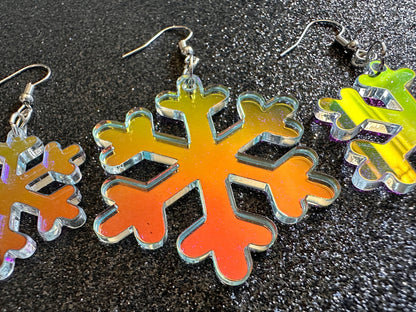 Iridescent Snowflake Earrings: Laser Cut Acrylic Snowflakes, Stormy Weather, Snowing, Snow Storm, Winter, Gifts for Her/Him/Them