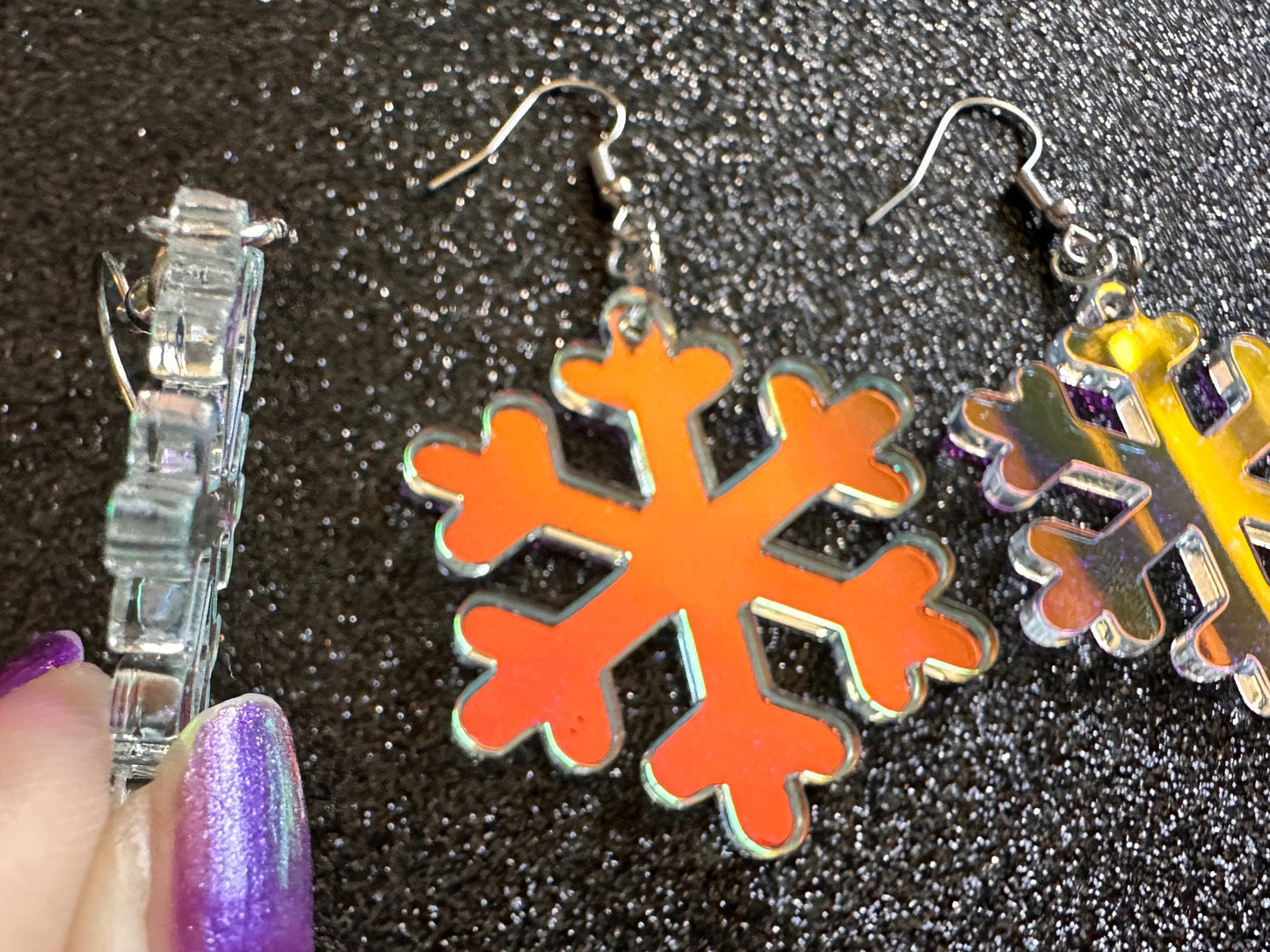 Iridescent Snowflake Earrings: Laser Cut Acrylic Snowflakes, Stormy Weather, Snowing, Snow Storm, Winter, Gifts for Her/Him/Them