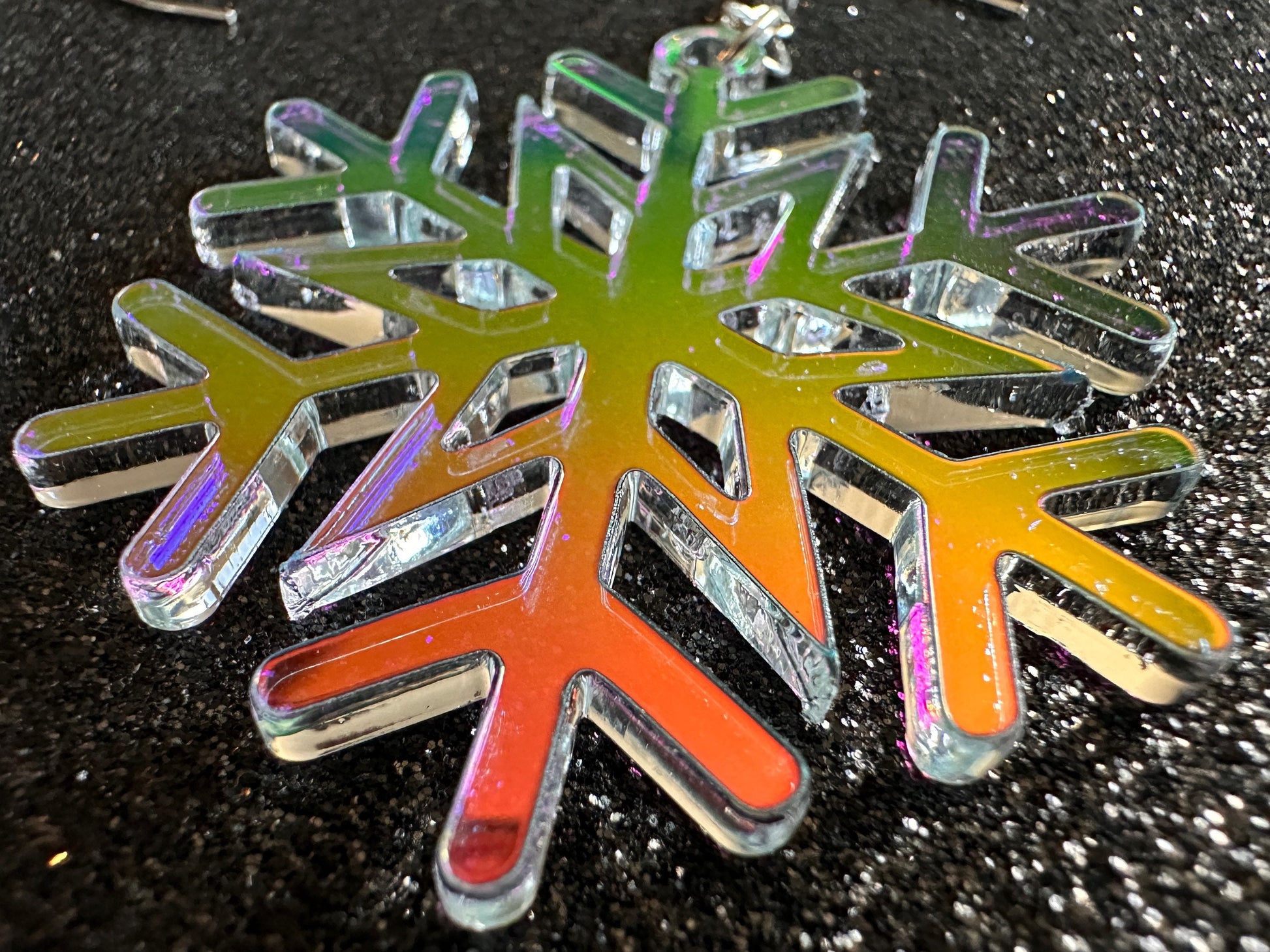 Iridescent Snowflake Earrings: Laser Cut Acrylic Snowflakes, Stormy Weather, Snowing, Snow Storm, Winter, Gifts for Her/Him/Them