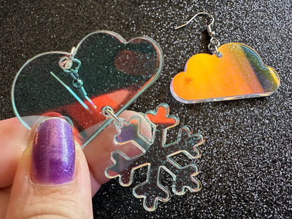 Iridescent Snowflake Earrings: Laser Cut Acrylic Snowflakes, Stormy Weather, Snowing, Snow Storm, Winter, Gifts for Her/Him/Them