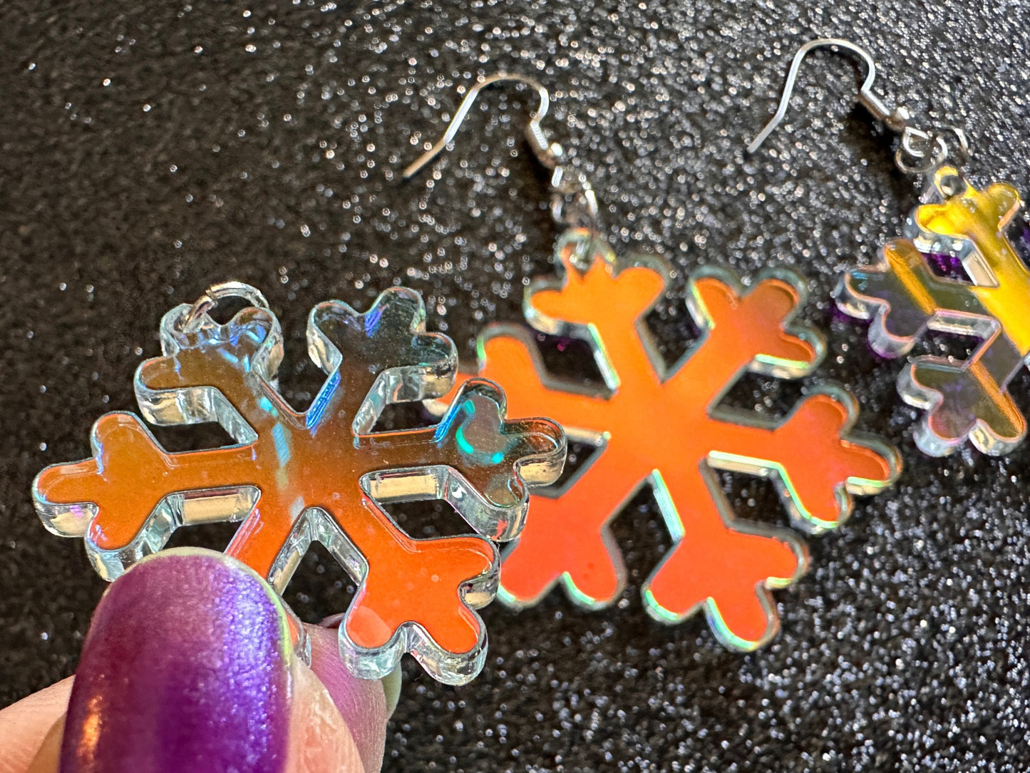 Iridescent Snowflake Earrings: Laser Cut Acrylic Snowflakes, Stormy Weather, Snowing, Snow Storm, Winter, Gifts for Her/Him/Them