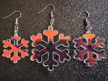 Iridescent Snowflake Earrings: Laser Cut Acrylic Snowflakes, Stormy Weather, Snowing, Snow Storm, Winter, Gifts for Her/Him/Them