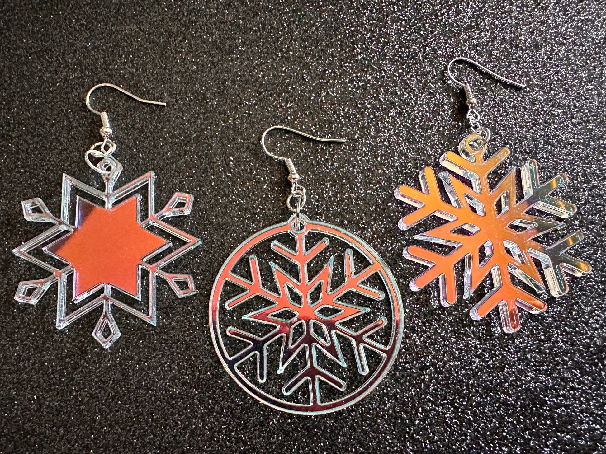 Iridescent Snowflake Earrings: Laser Cut Acrylic Snowflakes, Stormy Weather, Snowing, Snow Storm, Winter, Gifts for Her/Him/Them