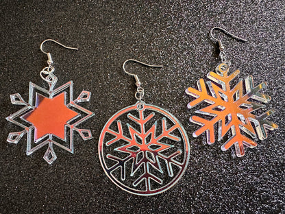 Iridescent Snowflake Earrings: Laser Cut Acrylic Snowflakes, Stormy Weather, Snowing, Snow Storm, Winter, Gifts for Her/Him/Them