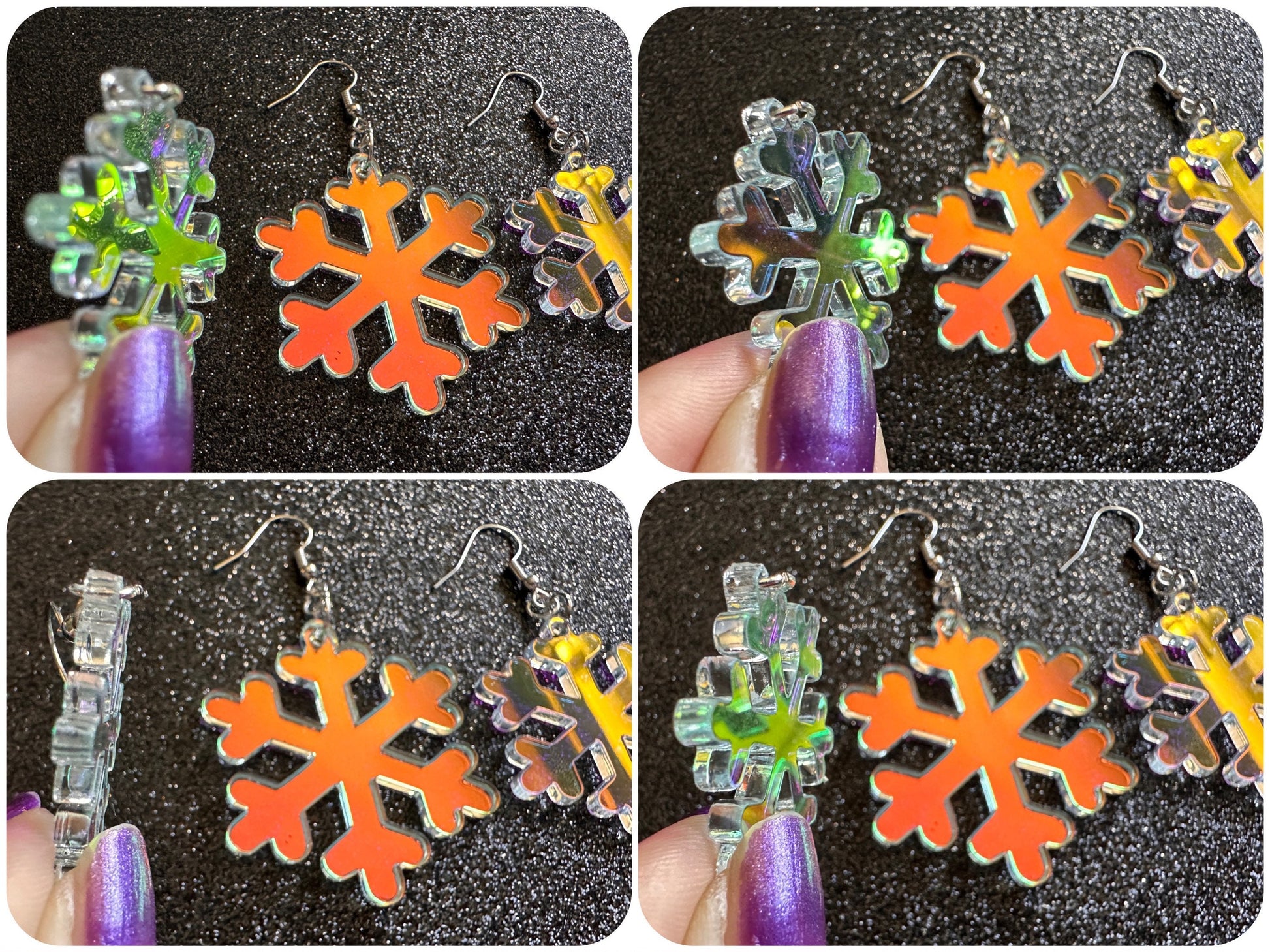 Iridescent Snowflake Earrings: Laser Cut Acrylic Snowflakes, Stormy Weather, Snowing, Snow Storm, Winter, Gifts for Her/Him/Them