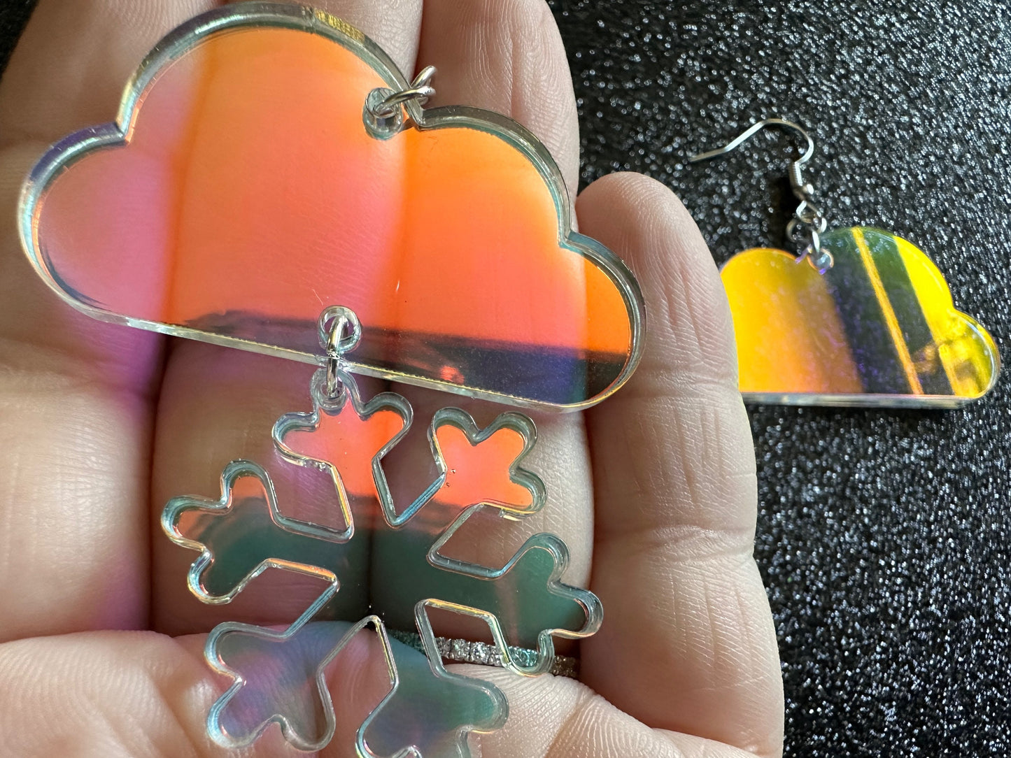 Iridescent Snowflake Earrings: Laser Cut Acrylic Snowflakes, Stormy Weather, Snowing, Snow Storm, Winter, Gifts for Her/Him/Them
