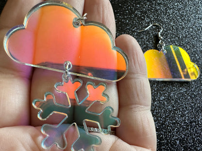Iridescent Snowflake Earrings: Laser Cut Acrylic Snowflakes, Stormy Weather, Snowing, Snow Storm, Winter, Gifts for Her/Him/Them