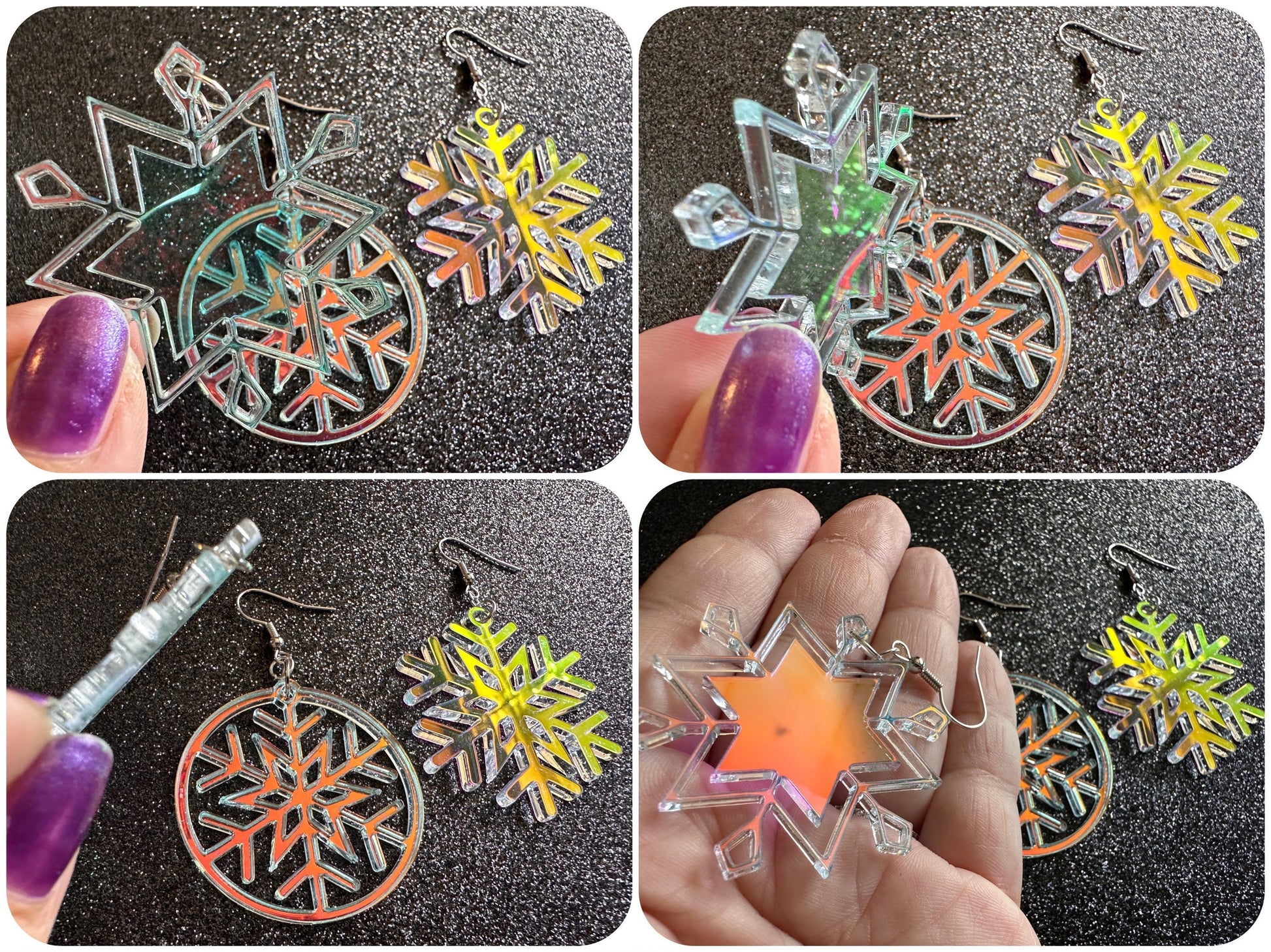 Iridescent Snowflake Earrings: Laser Cut Acrylic Snowflakes, Stormy Weather, Snowing, Snow Storm, Winter, Gifts for Her/Him/Them