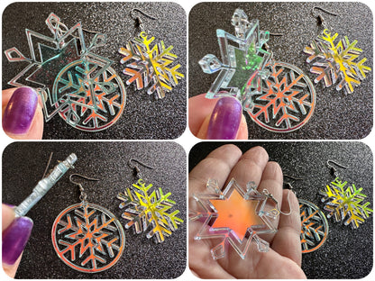 Iridescent Snowflake Earrings: Laser Cut Acrylic Snowflakes, Stormy Weather, Snowing, Snow Storm, Winter, Gifts for Her/Him/Them