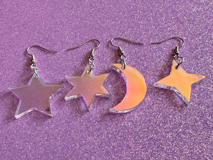 Iridescent Star and Moon Earrings: Laser Cut Acrylic Stars, Magic, Night Sky, Astrology, Astronomy, Gifts for Her/Him/Them