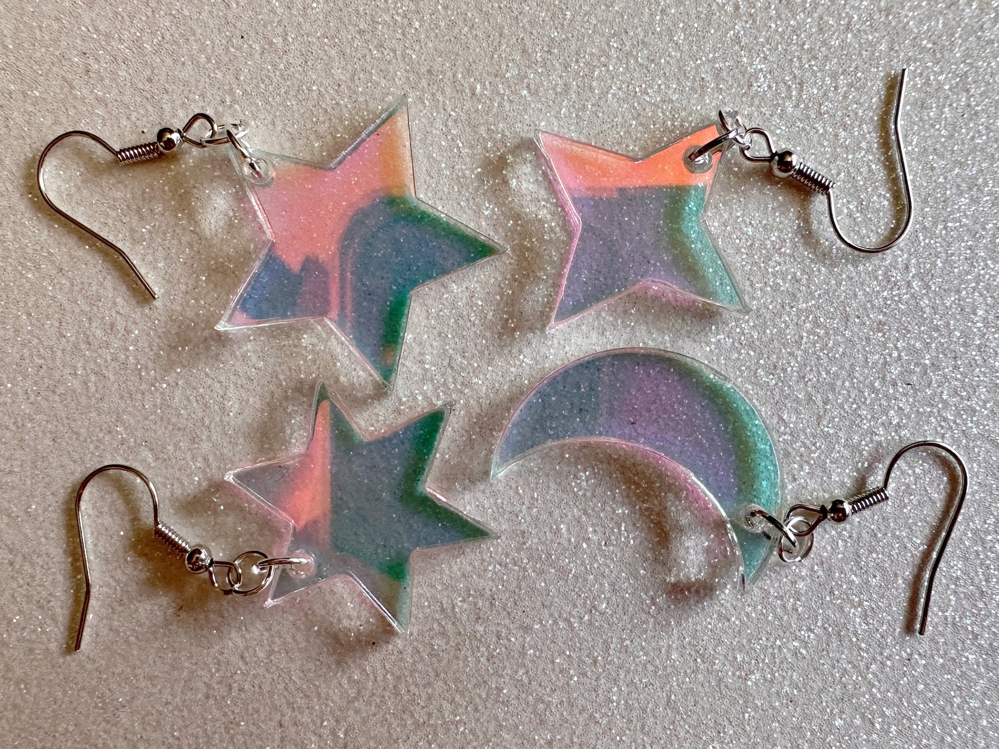 Iridescent Star and Moon Earrings: Laser Cut Acrylic Stars, Magic, Night Sky, Astrology, Astronomy, Gifts for Her/Him/Them