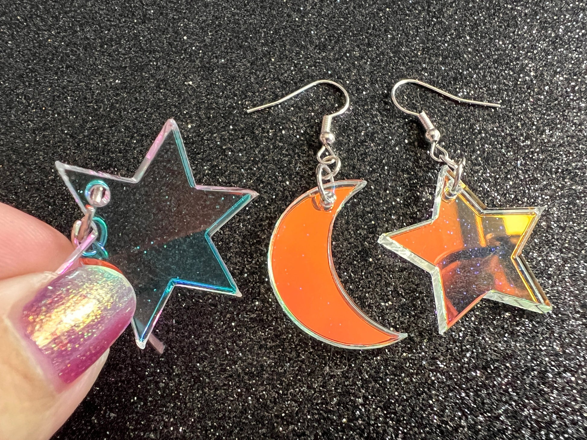 Iridescent Star and Moon Earrings: Laser Cut Acrylic Stars, Magic, Night Sky, Astrology, Astronomy, Gifts for Her/Him/Them