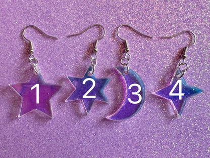 Iridescent Star and Moon Earrings: Laser Cut Acrylic Stars, Magic, Night Sky, Astrology, Astronomy, Gifts for Her/Him/Them