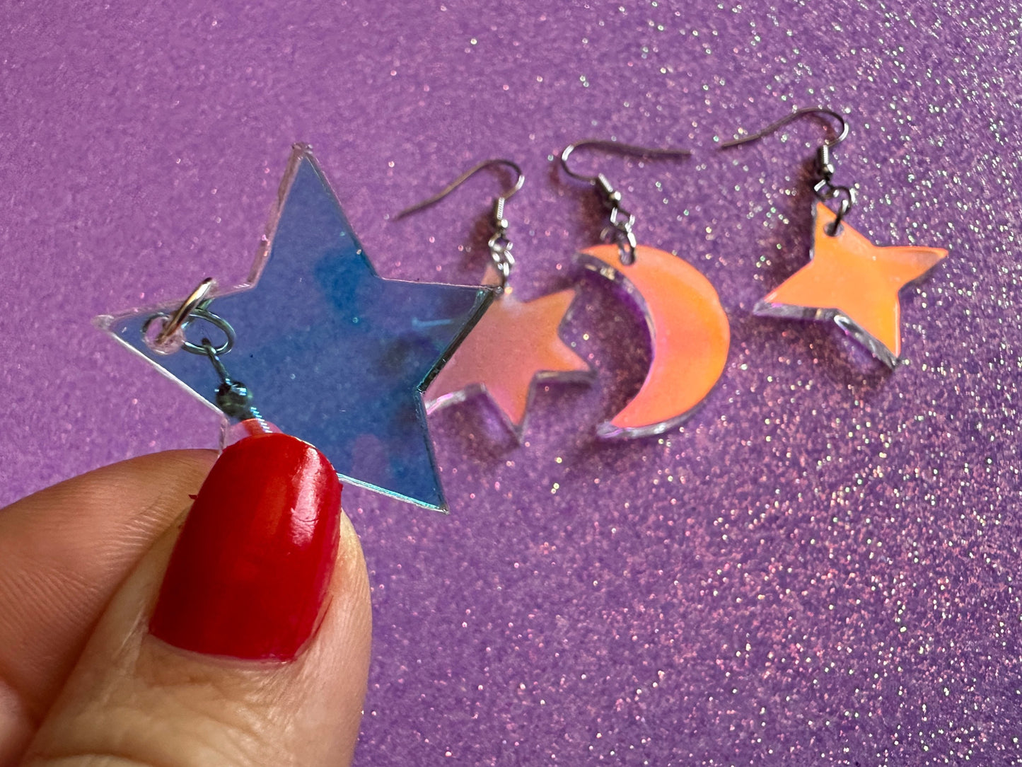 Iridescent Star and Moon Earrings: Laser Cut Acrylic Stars, Magic, Night Sky, Astrology, Astronomy, Gifts for Her/Him/Them