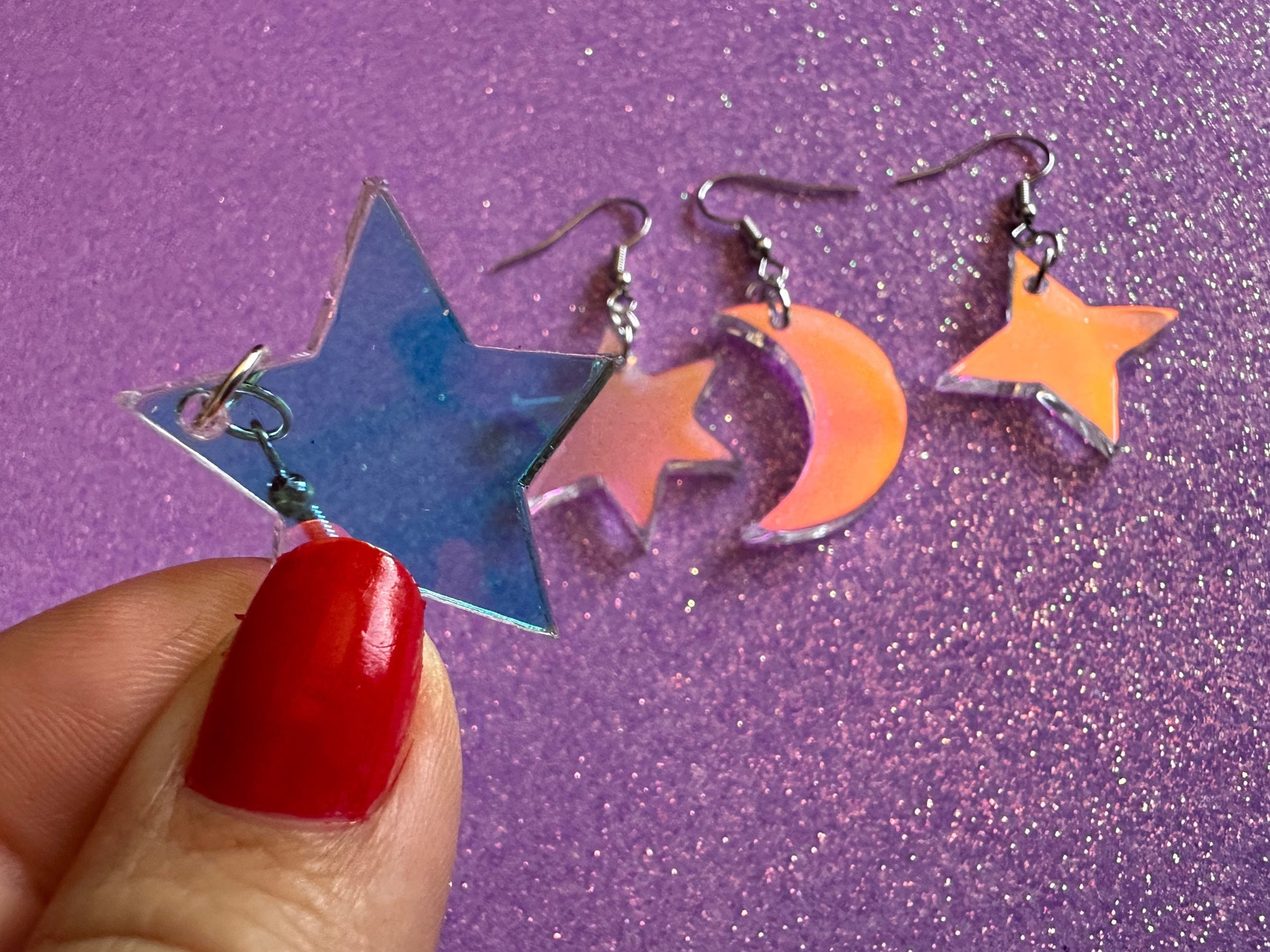 Iridescent Star and Moon Earrings: Laser Cut Acrylic Stars, Magic, Night Sky, Astrology, Astronomy, Gifts for Her/Him/Them