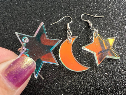 Iridescent Star and Moon Earrings: Laser Cut Acrylic Stars, Magic, Night Sky, Astrology, Astronomy, Gifts for Her/Him/Them