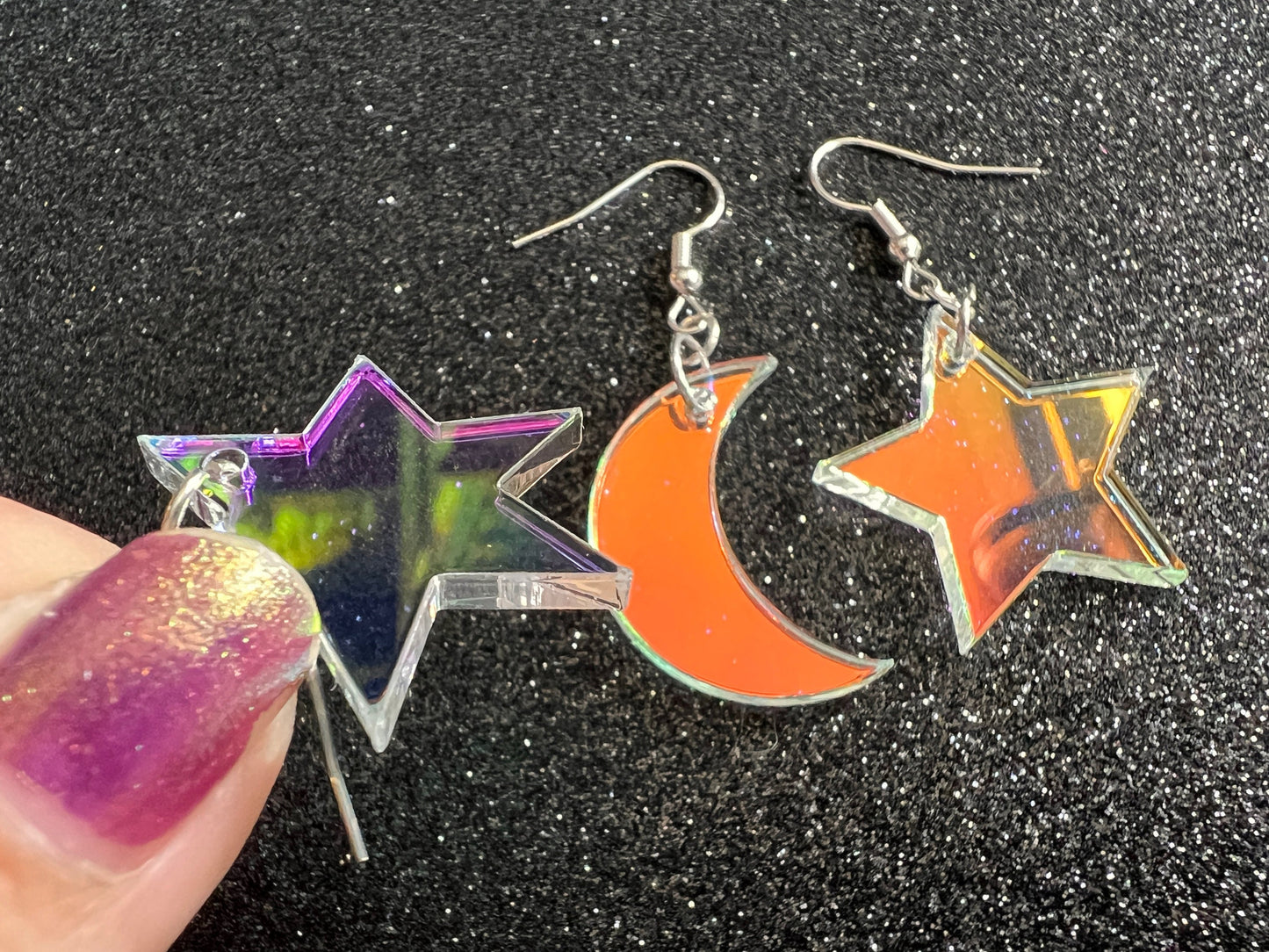 Iridescent Star and Moon Earrings: Laser Cut Acrylic Stars, Magic, Night Sky, Astrology, Astronomy, Gifts for Her/Him/Them