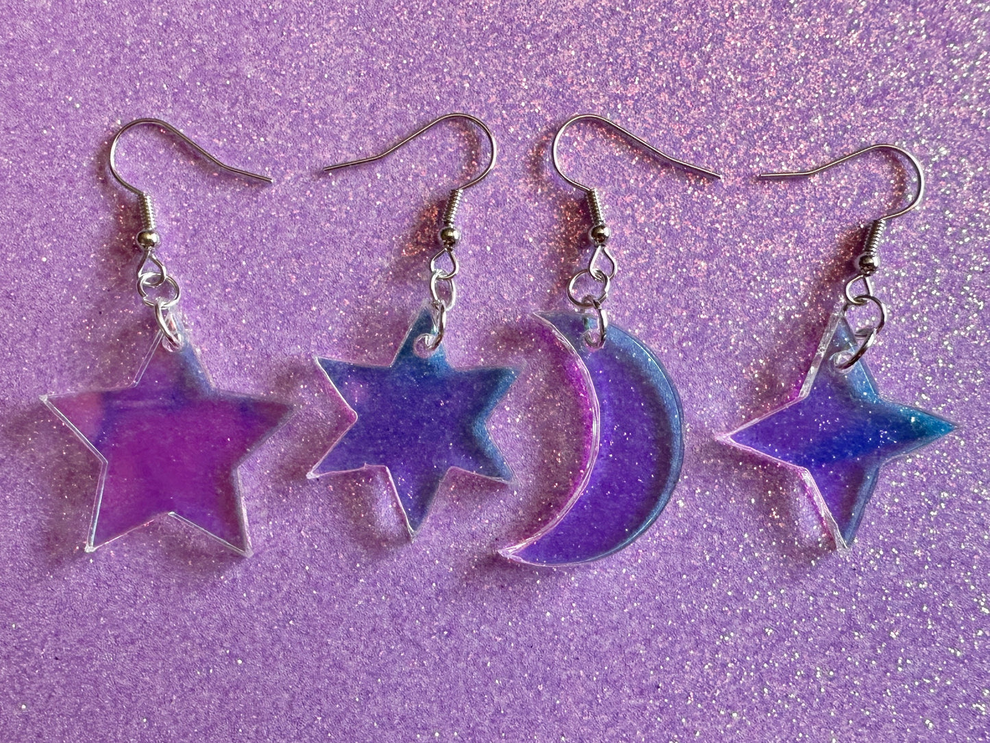 Iridescent Star and Moon Earrings: Laser Cut Acrylic Stars, Magic, Night Sky, Astrology, Astronomy, Gifts for Her/Him/Them
