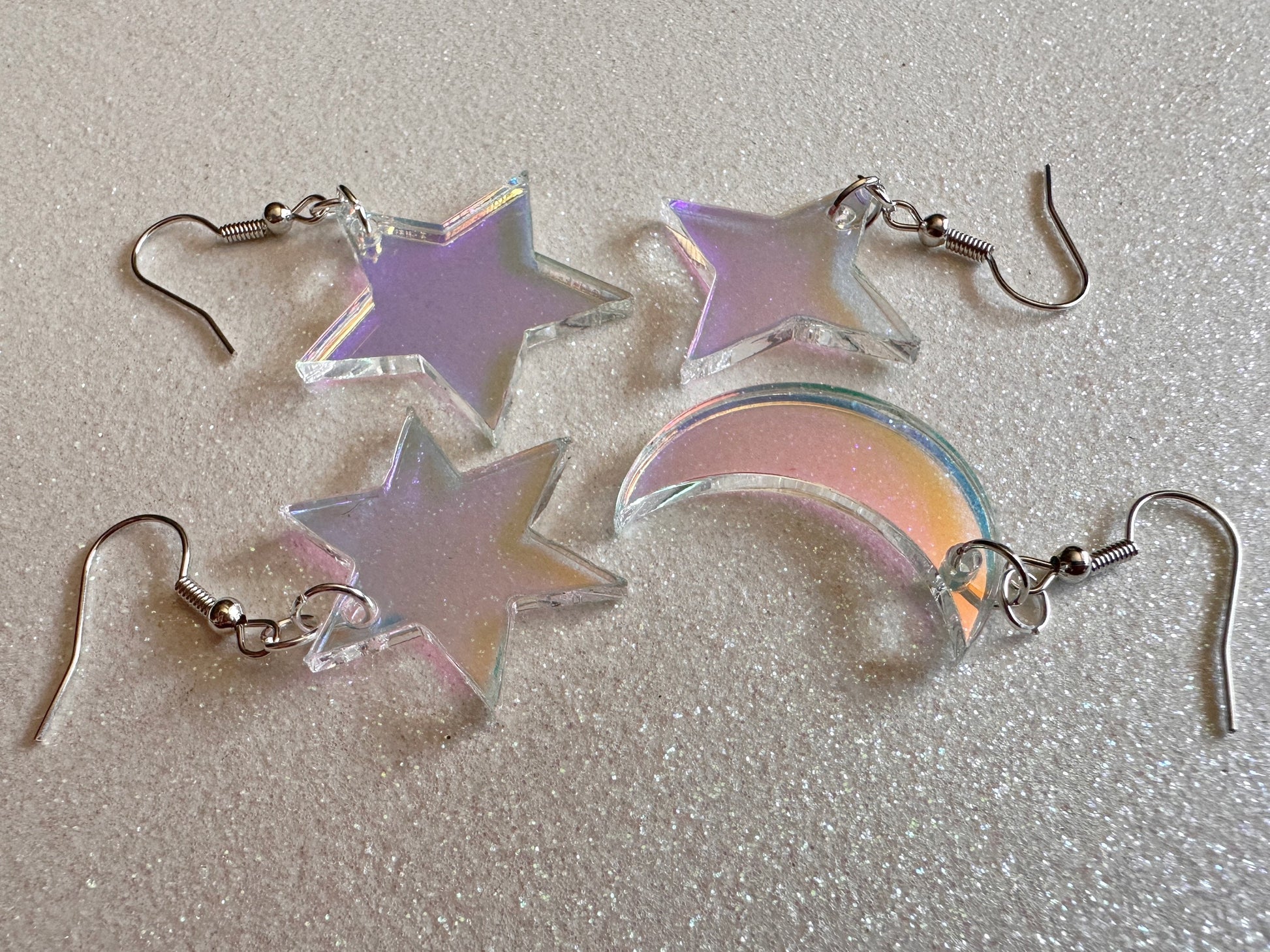 Iridescent Star and Moon Earrings: Laser Cut Acrylic Stars, Magic, Night Sky, Astrology, Astronomy, Gifts for Her/Him/Them