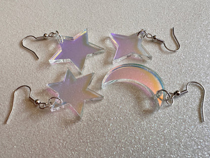Iridescent Star and Moon Earrings: Laser Cut Acrylic Stars, Magic, Night Sky, Astrology, Astronomy, Gifts for Her/Him/Them