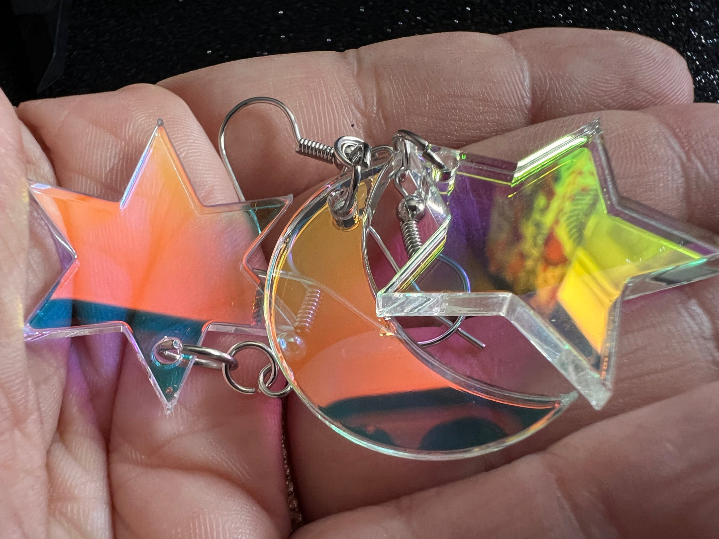 Iridescent Star and Moon Earrings: Laser Cut Acrylic Stars, Magic, Night Sky, Astrology, Astronomy, Gifts for Her/Him/Them