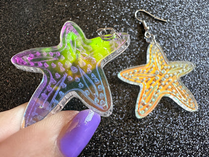 Iridescent Starfish Earrings: Laser Cut Acrylic Starfish, Marine Animals, Aquarium Fish, Beach Vibes, Best Gifts for Her/Him/Them