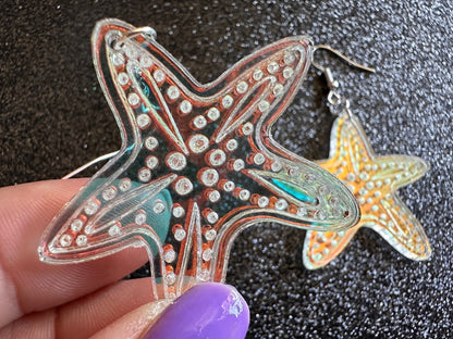 Iridescent Starfish Earrings: Laser Cut Acrylic Starfish, Marine Animals, Aquarium Fish, Beach Vibes, Best Gifts for Her/Him/Them