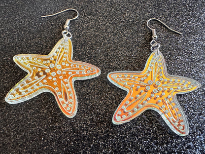 Iridescent Starfish Earrings: Laser Cut Acrylic Starfish, Marine Animals, Aquarium Fish, Beach Vibes, Best Gifts for Her/Him/Them