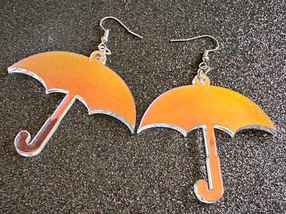Iridescent Umbrella Earrings: Laser Cut Acrylic Umbrellas, Rain, Weather, Hearts, Green Earrings, Gifts for Her/Him/Them
