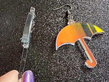 Iridescent Umbrella Earrings: Laser Cut Acrylic Umbrellas, Rain, Weather, Hearts, Green Earrings, Gifts for Her/Him/Them