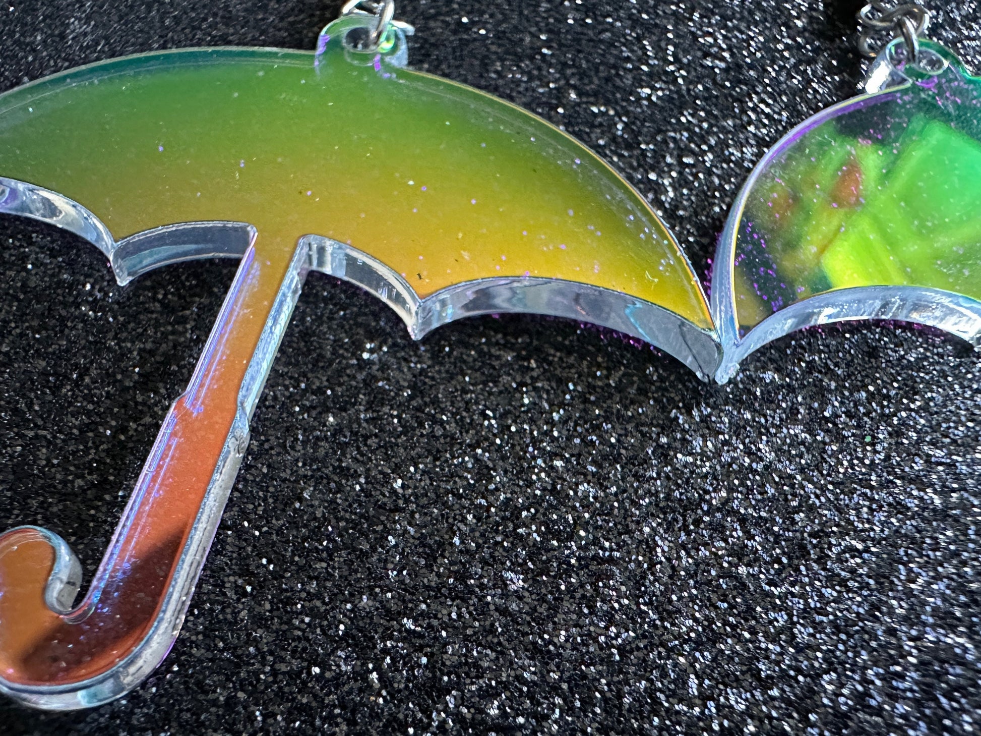 Iridescent Umbrella Earrings: Laser Cut Acrylic Umbrellas, Rain, Weather, Hearts, Green Earrings, Gifts for Her/Him/Them