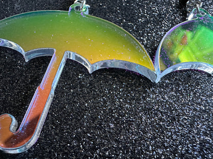 Iridescent Umbrella Earrings: Laser Cut Acrylic Umbrellas, Rain, Weather, Hearts, Green Earrings, Gifts for Her/Him/Them